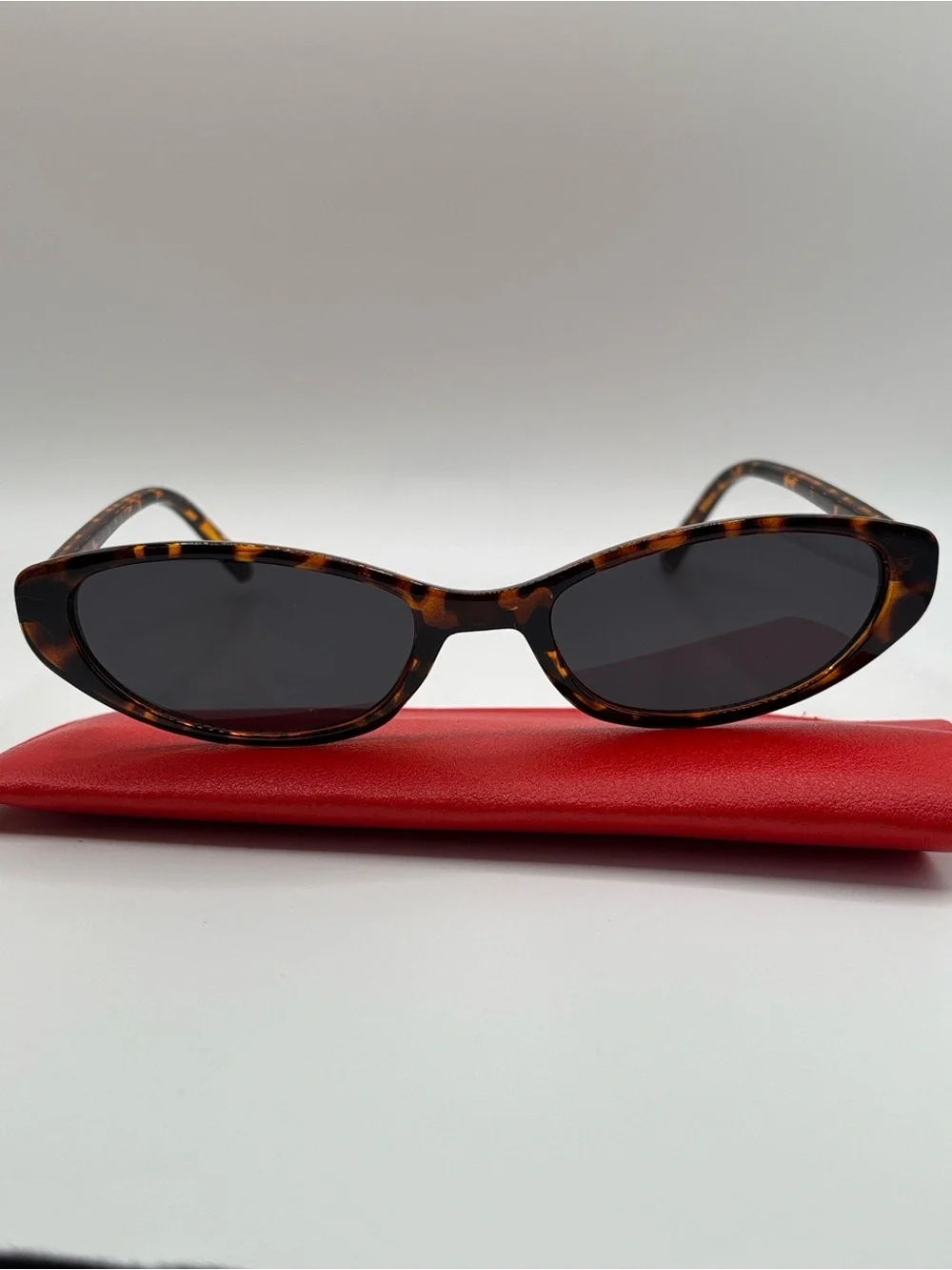 Vintage 80s Tortoise Shell Cat Eye Sunglasses Dark Lens Retro Slim Shades